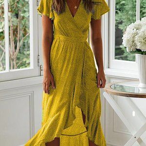 Women's Spring Summer Casual Beach Beautiful Boho Maxi Wrap around Dress -Yellow